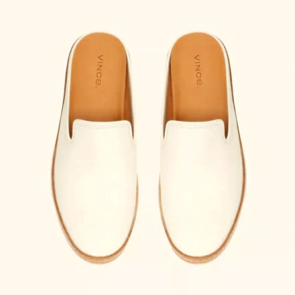 Vince White and Tan Leather-Trim Slip-On Mules - Picture 3 of 16